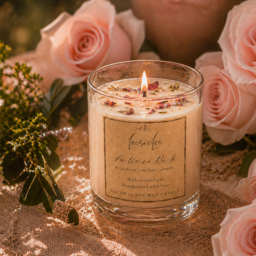 Inspired by the rose gardens of Versailles, La Vie en Rose brings together blooming roses, warm sunlight and quiet romantic moments in a soft candle ritual. Loesieloe Collections.