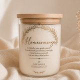 Homecoming scented candle in a glass jar with wooden lid and a warm fragrance of vanilla and cinnamon.
Loesieloe collections