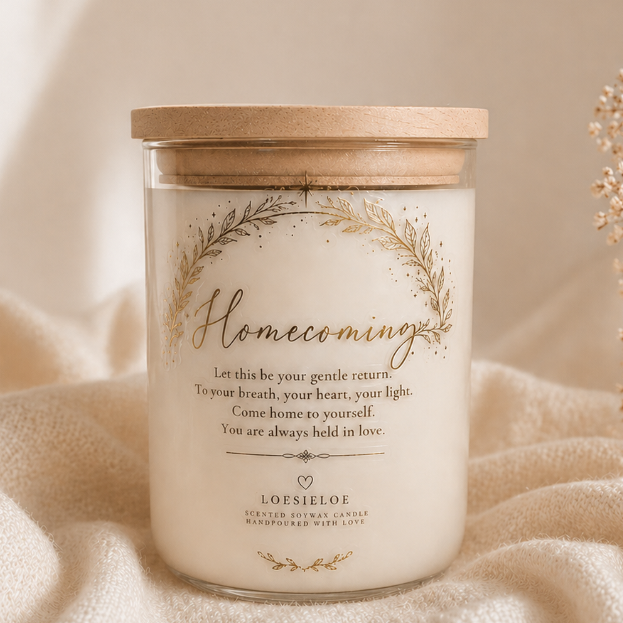 Homecoming scented candle in a glass jar with wooden lid and a warm fragrance of vanilla and cinnamon.
Loesieloe collections