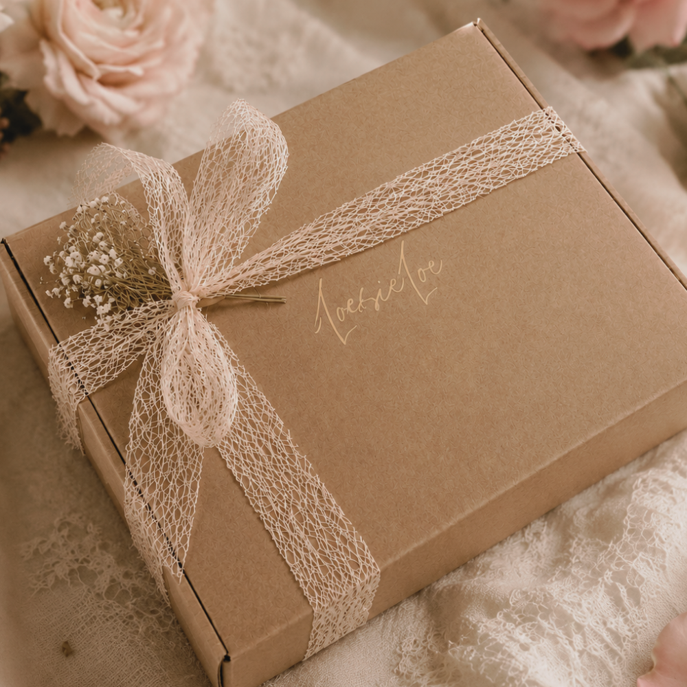 Loesieloe Homecoming Gift Box in kraft packaging with a cream mesh ribbon and dried flowers, styled with soft fabrics and pink roses.

Ontdek de Homecoming Gift Box van Loesieloe: een liefdevol samengesteld cadeau dat uitnodigt tot rust, zachtheid en een moment van thuiskomen.

